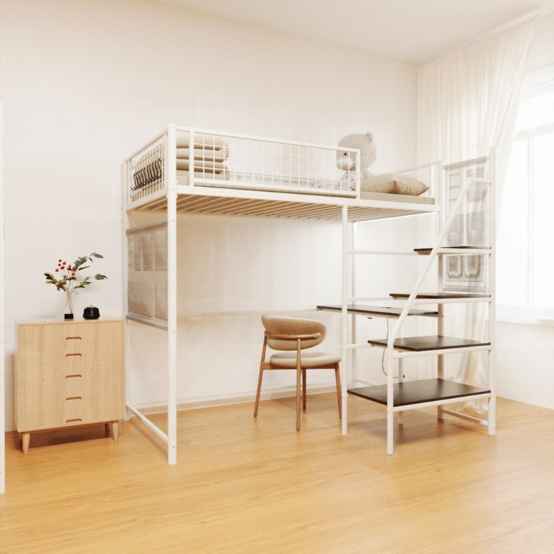 Lit mezzanine simple en métal avec station de charge intégrée et lumières DEL, aucun sommier requis, robuste et durable