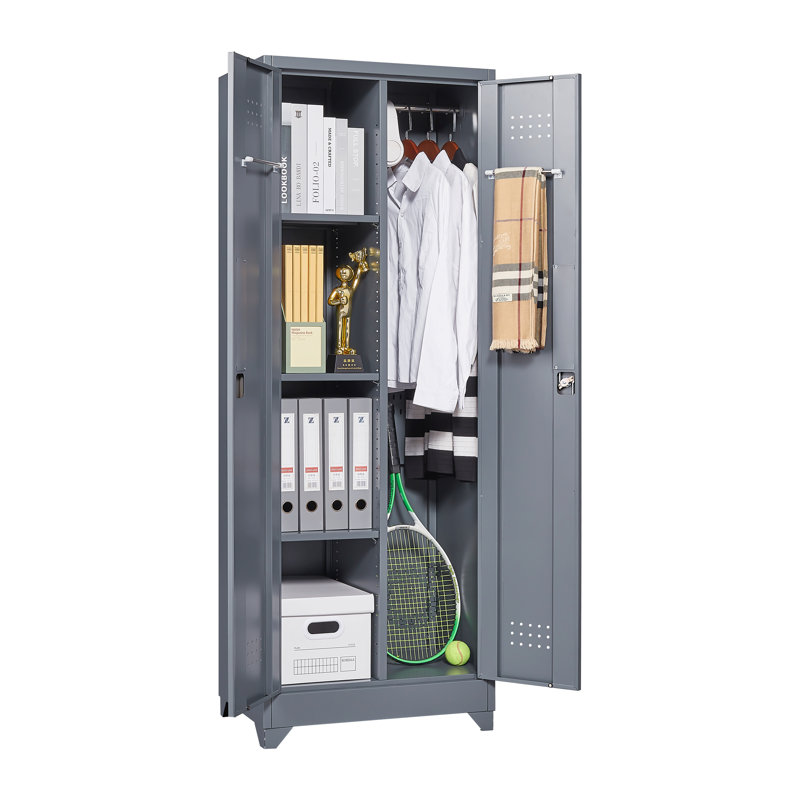 Storage Cabinet With Locking Doors And Shelves, 65" H Metal Storage Cabinet With Hanging Rod & S-Hooks, Cleaning Tool Storage Cabinet Grey