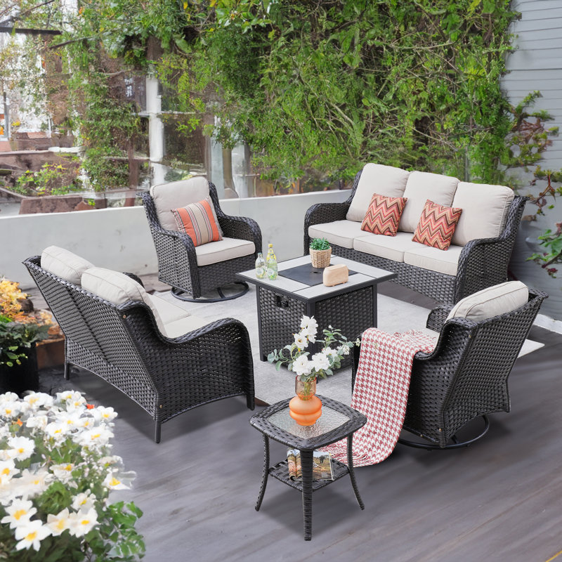 Klodjana Premium All-Weather Wicker 7 - Person Patio Conversation Set with Cushions, Beige, Brown