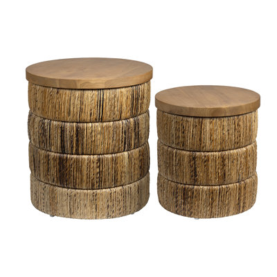 2 Piece Round Brown Solid Wood Accent_Nesting Tables Set