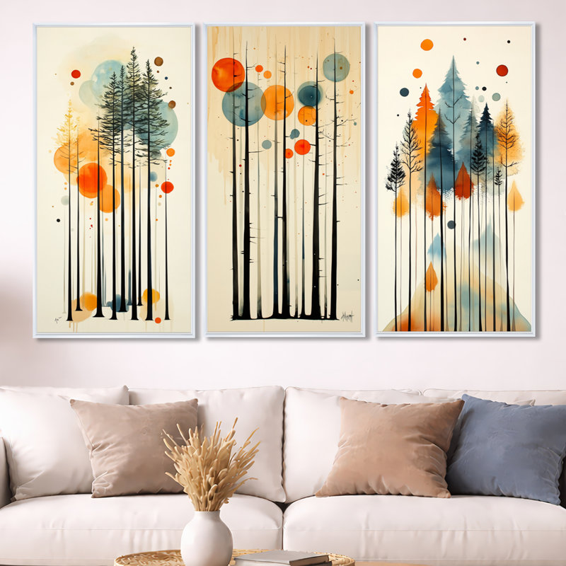 «Summer Valley Pine Forest Silhouettes - Orange Pine Trees», reproduction sur toile encadrée 3 pièces, 32" H x 48" W