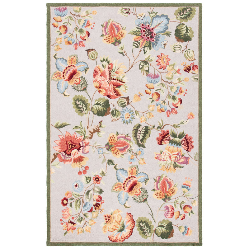Hollander Floral Hand-Hooked Wool Sage Area Rug, Rectangle 5'3" x 8'3"