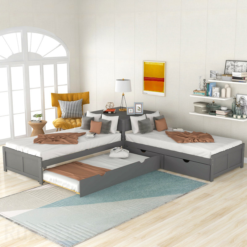 L-Shaped Platform Bed With Trundle And Drawers Linked With Built-In Desk,Twin,Grey, Gray