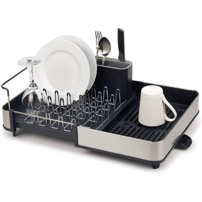 Extendable Dish Drying Rack With Dual Sections, Stainless Steel Utensil Drainer And Drainage Spout, 2-Tier (Gray)