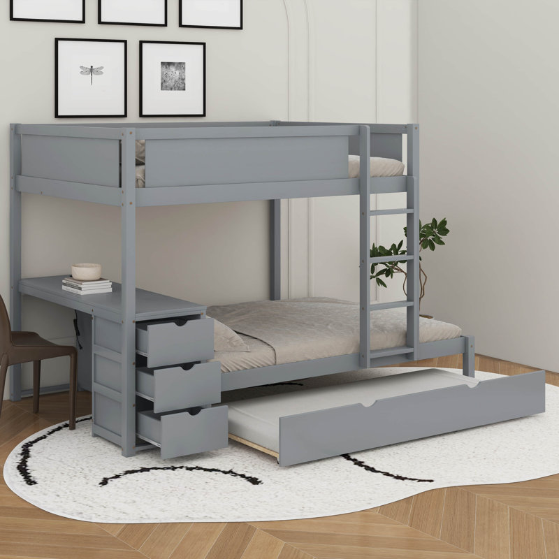Full-Over-Full Bunk Bed With Twin Size Trundle, Storage And Desk, Gray