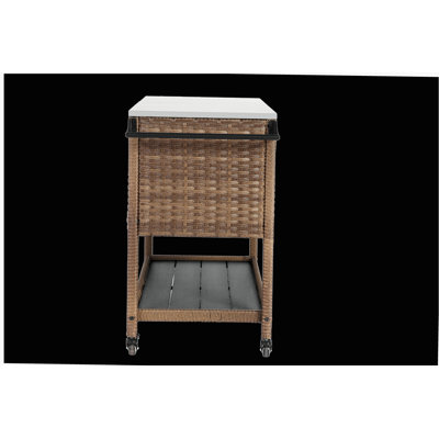 Outdoor Woven Bar Cart, Wheeled Patio Beverage Service Cart, Rolling Woven Bar with Glass Sunshade, Suitable for Balcony, Backyard, Garden, Poolside Party, Brown