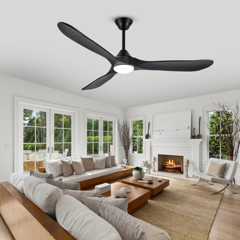 3 Blade Smart Solid Wood Ceiling Fan With Dimmable LED Light & Remote, Reversible DC Motor, 52" Wide, Black