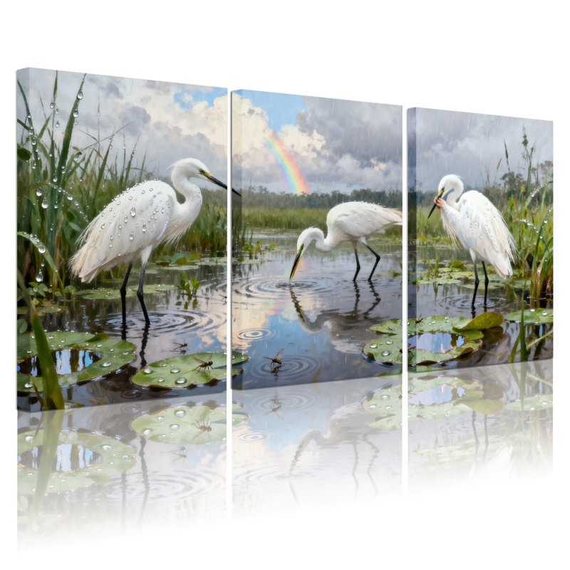 Ensemble de 3 tableaux sur toile tendue représentant un héron blanc dans une zone humide avec un arc-en-ciel
