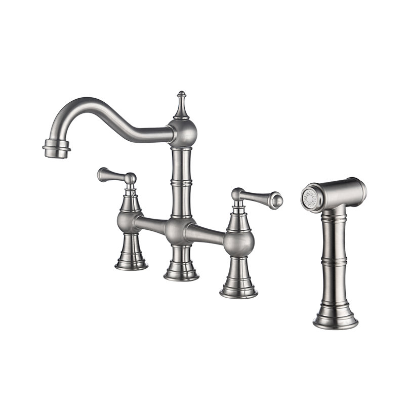 Robinet d'évier de cuisine Bridge avec douchette latérale extractible, Nickel brossé