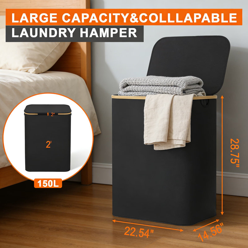 Double Laundry Hamper With Lid And Removable Liner Bags - Large 150L Foldable Clothes Basket With Bamboo Handles For Bedroom, Bathroom, Dorm, And Laundry Room Organization
