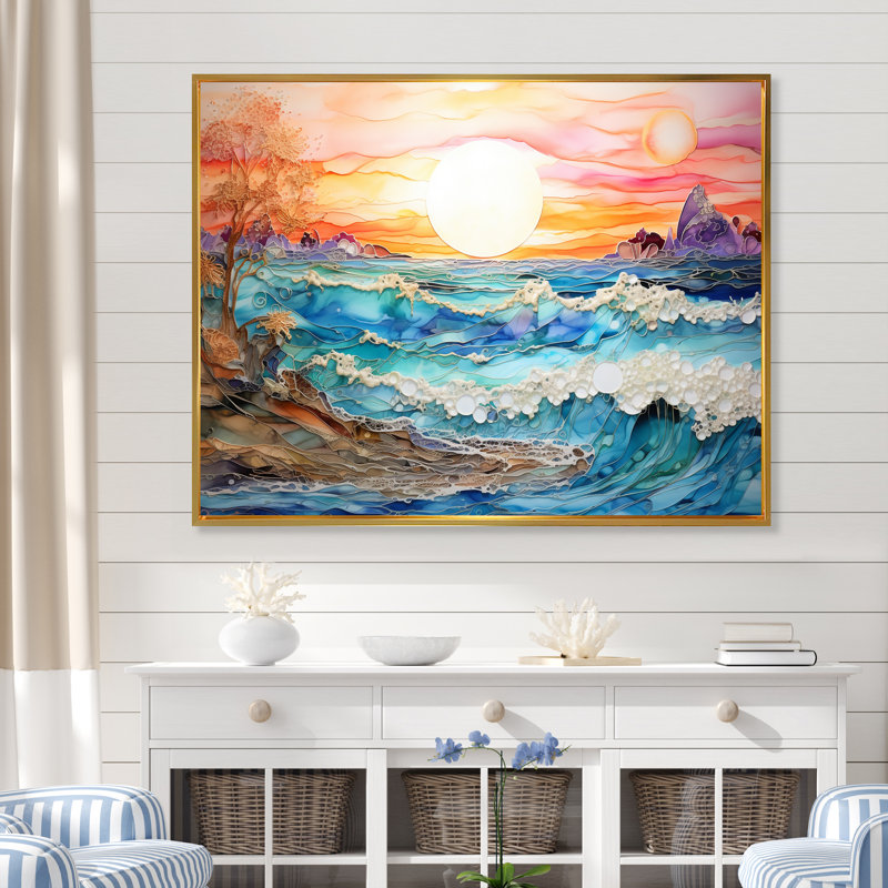 Rainbow Ocean Sunrise - art mural océan, H 30 po x l 40 po x P 1,5 po, Cadre flottant doré