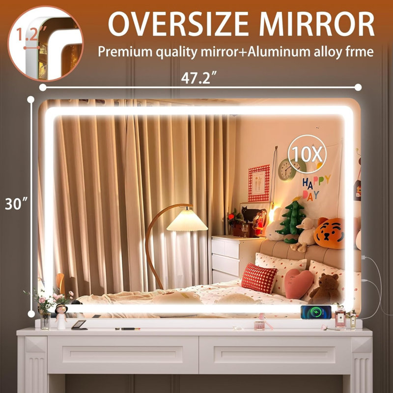 Miroir de salle de bain 47,2 po x 30 po à DEL avec 3 modes de couleurs à intensité variable, commande à écran tactile, fixation murale ou de table, finition blanche