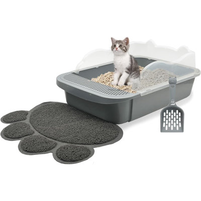 Open Top Litter Box Sifting Cat Litter Pan Detachable High Sides Pet Toilet Pan With Non-Slip Mat And Scoop For Small Cats, Kitten Kitty (Grey)