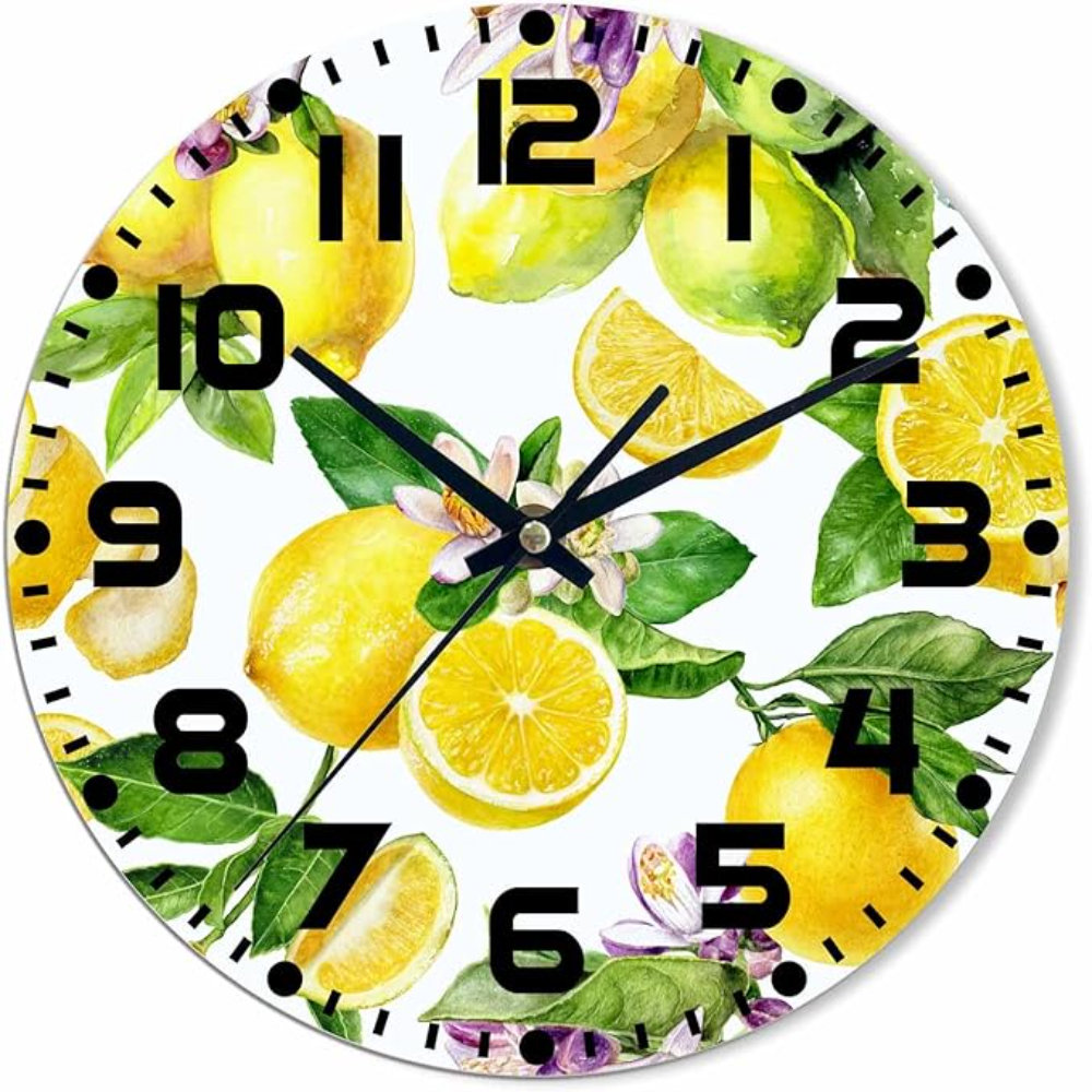 August Grove® Lemon Wall Clock 10 Inch Round Green Leaf Lemon Pattern ...