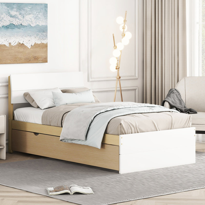 De lit simple et élégant avec lit gigogne fonctionnel en chêne blanc brillant pour chambre à coucher, compact, Lit simple