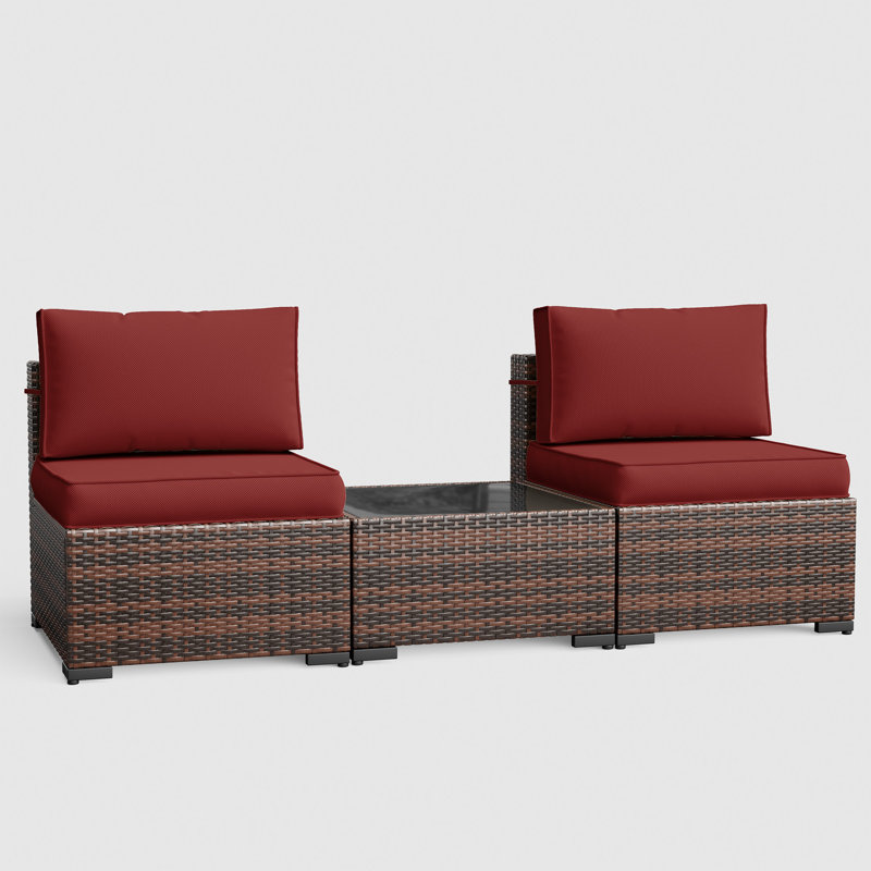Anterion 25.2" W 3-Piece Wicker Patio Seating Group with Cushions, Burgundy