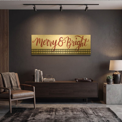 'Merry & Bright Gingham' By Cindy Jacobs Gold Metal Wall Art, 48" x 16"