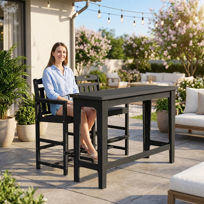 3 Pieces Outdoor Patio Bars Set  with Rectangular Table and HDPE Chairs, Black
