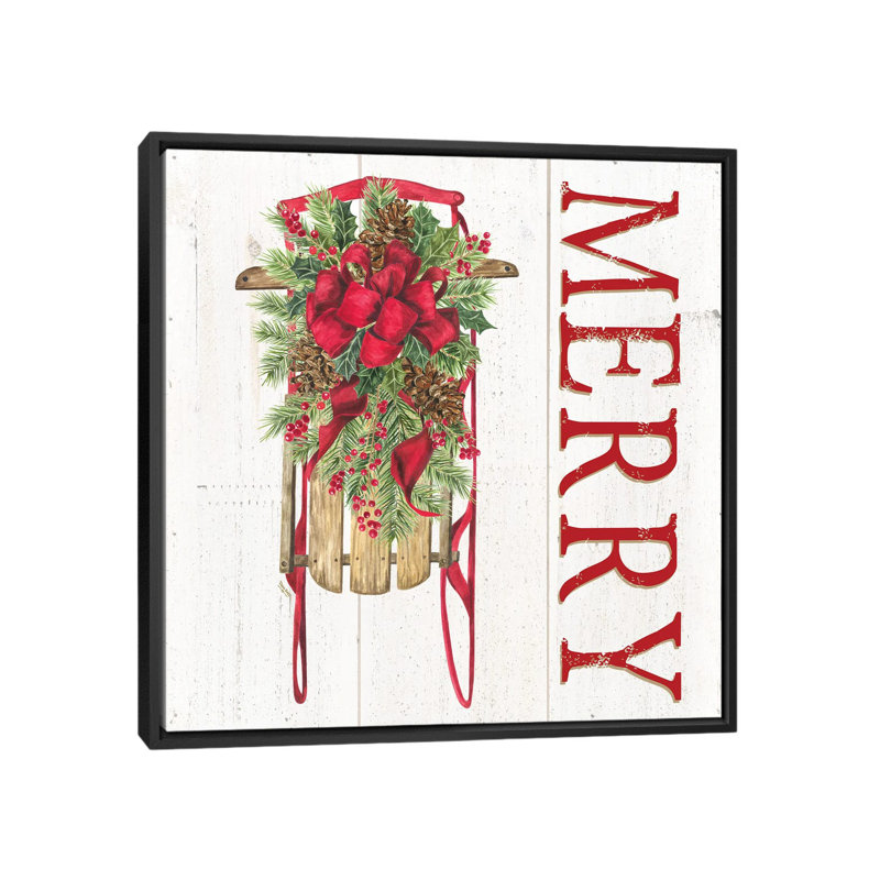 «Home for the Holiday Merry Sled» par Tara Reed - impression, H 26 po x l 26 po x P 1,5 po, Toile avec cadre noir, Aucun mat