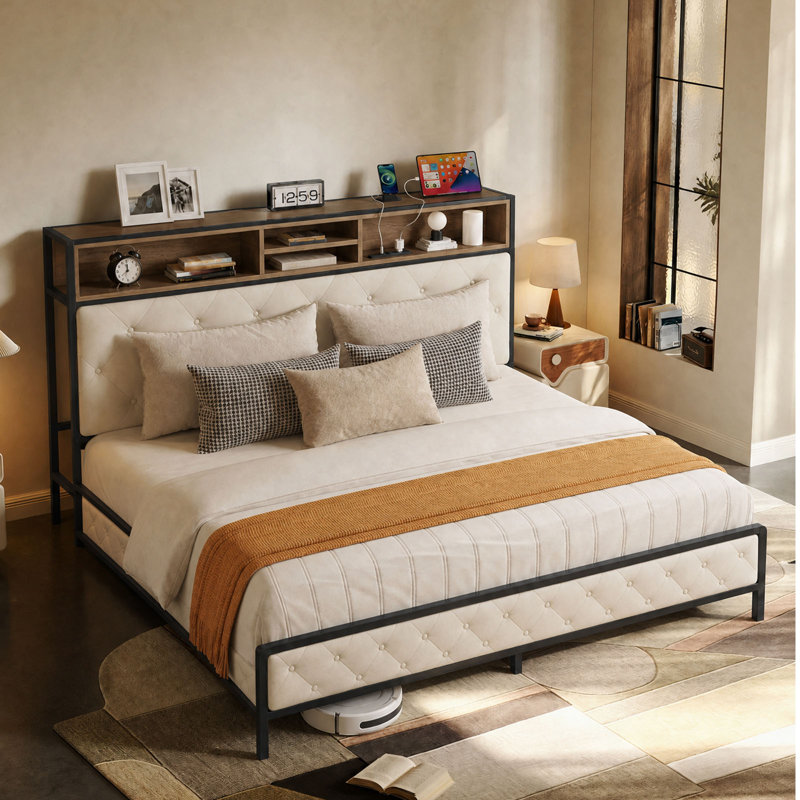 Cadre de lit Queen Size industriel à deux niveaux avec rangement intégré, tête de lit capitonnée en losanges et double port USB, en fer