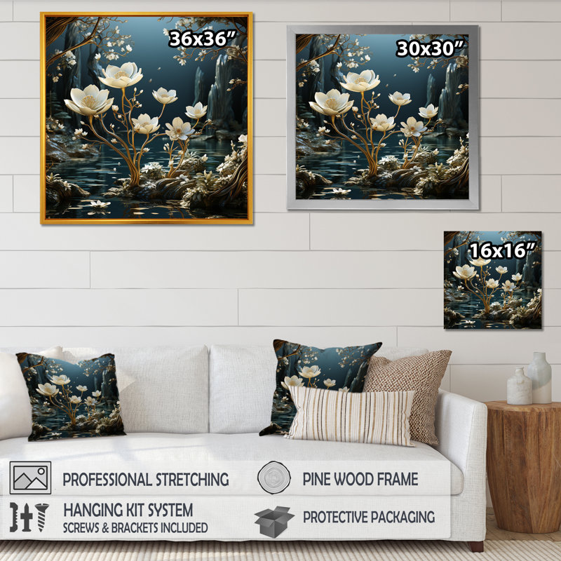 Rivière dorée dorée, H 30 po x l 30 po x P 1 po, Cadre flottant blanc