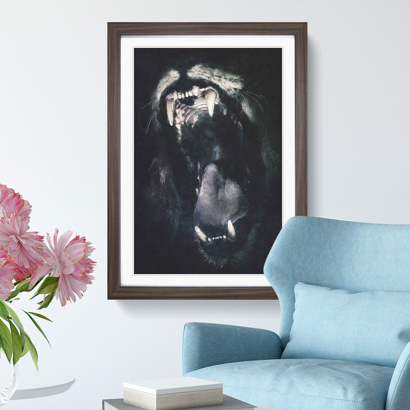 Roaring Lion - Single Picture Frame Painting on MDF, Walnut Framed, 45cm H x 33cm W x 2cm D
