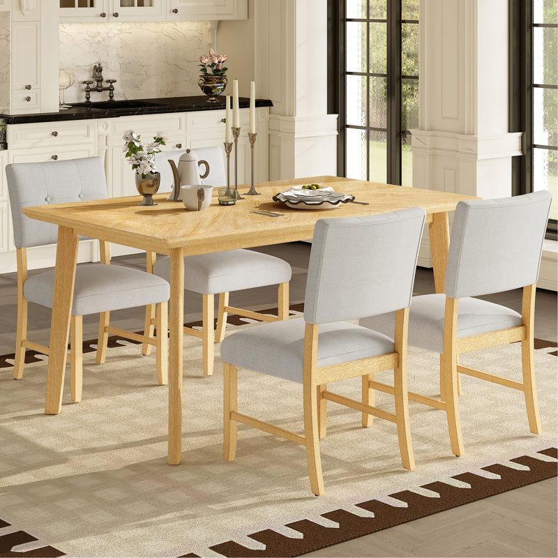 Ensemble de table de salle à manger 5 pièces, table rectangulaire rustique avec 4 chaises rembourrées, ensemble de table de salle à manger en bois massif pour 4 personnes (assemblage facile, bois naturel délavé)