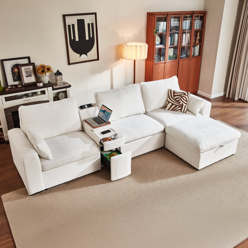 L-Shaped 4-Seater Sectional Chenille Oversized Modular Sofa Cloud Couch with Versatile Console, Convertible Side Table with Charging Storage Cup Holder