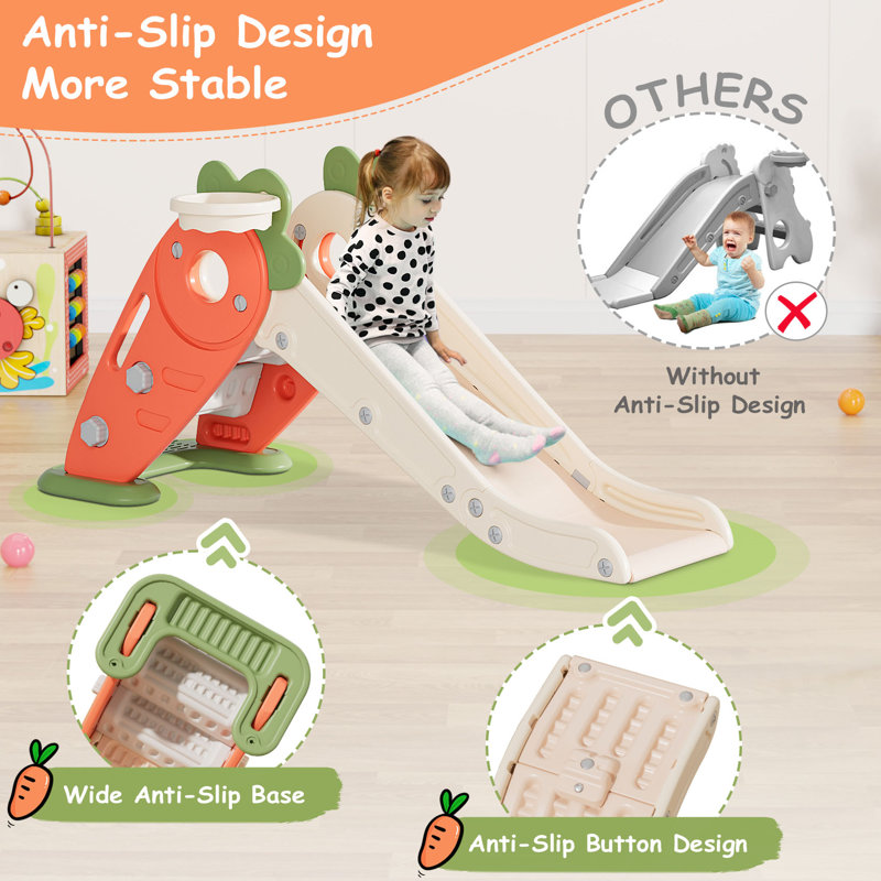Carrot Theme Foldable Toddler Slide with Basketball Hoop