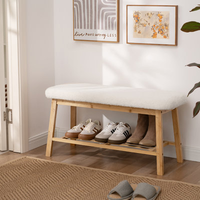 35.6" Upholstered Shoe Bench with Storage Shelf for Entryway, White Boucle Cushion