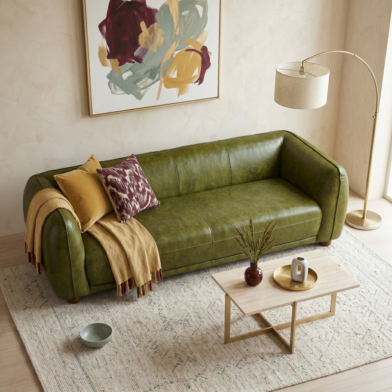 90'' Leather Sofa, Green Genuine Leather