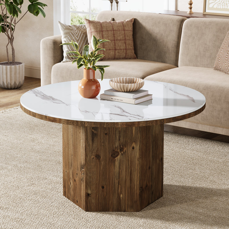 31.5-inch Solid Wood Round Coffee Table With Sintered Stone Top