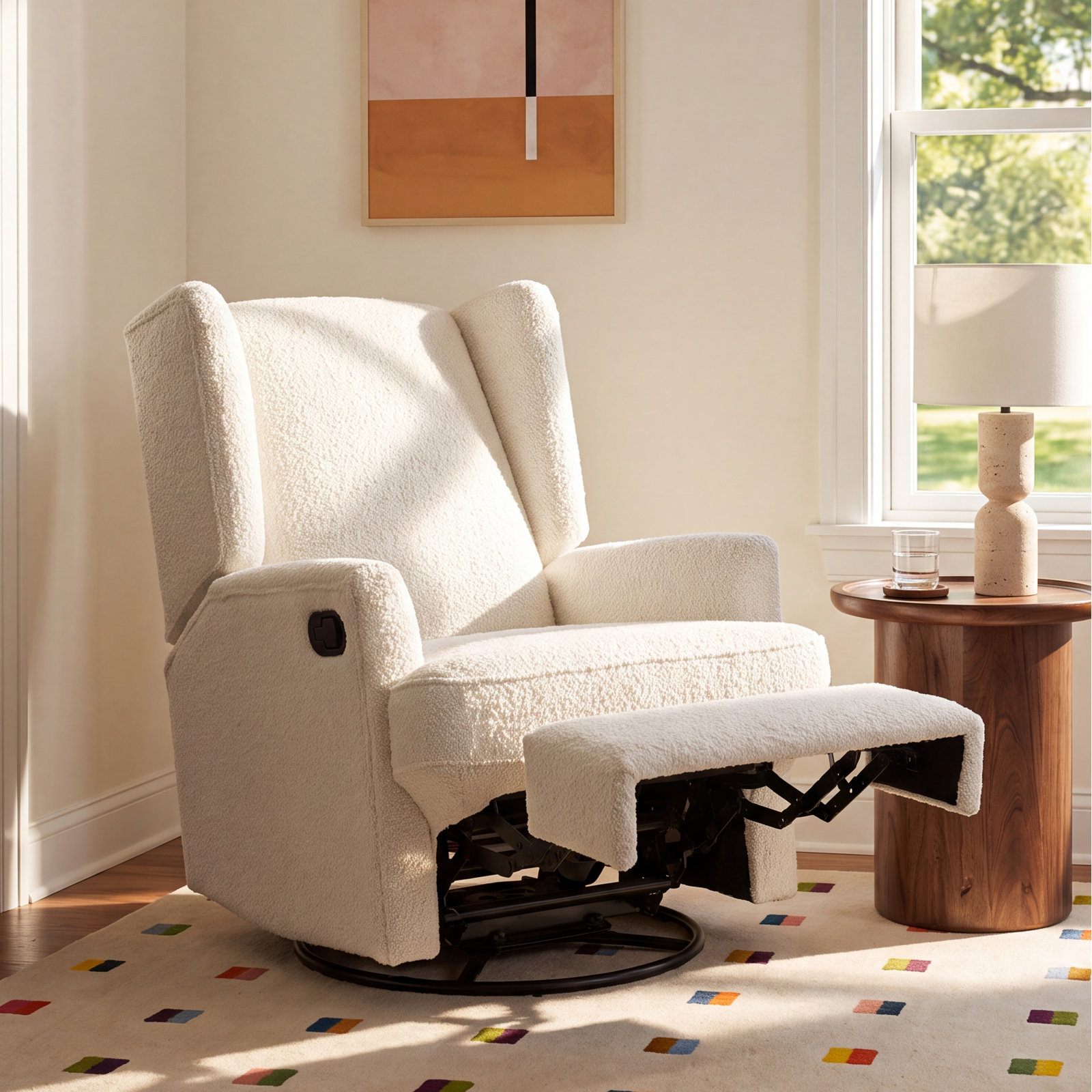 Wingback Swivel Glider, Cream Boucle