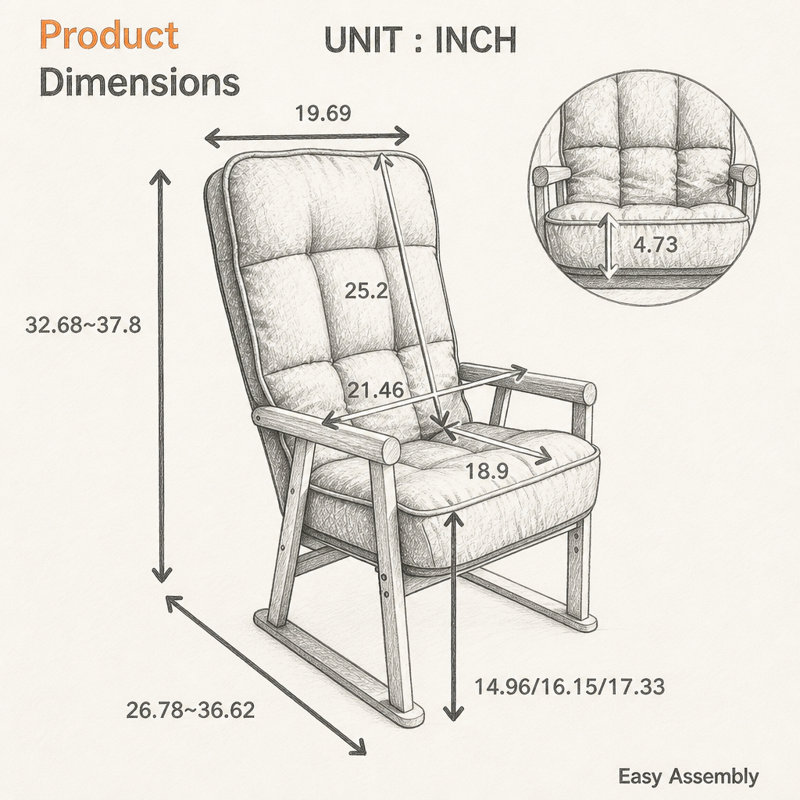 Fauteuil lounge moderne réglable avec réglage de l'angle lombaire sur trois niveaux et de la hauteur d'assise