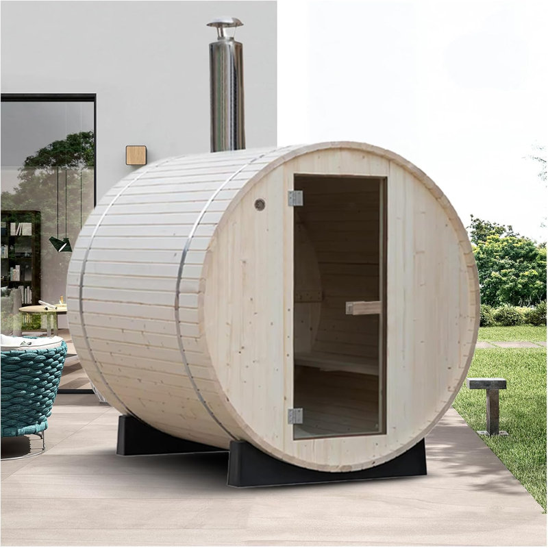 Barrel Steam Sauna Room for 8 Person, Half Moon Glass Window, 5.9ft x 7.9ft Spruce Wood Outdoor Sauna with Asphalt Shingles Roof, Wood-Fired Stove, Waterproof System, Chimney Kit, Rain Tarp