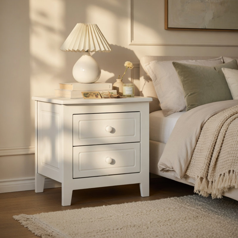 Table de chevet 2 tiroirs pour chambre à coucher, table de chevet rétro Mid-Century avec design classique, blanc