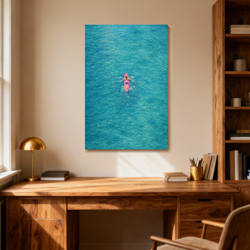 Femme de paysages et de paysages urbains flottant sur un flottant rose dans l'eau de mer, H 18 po x l 12 po