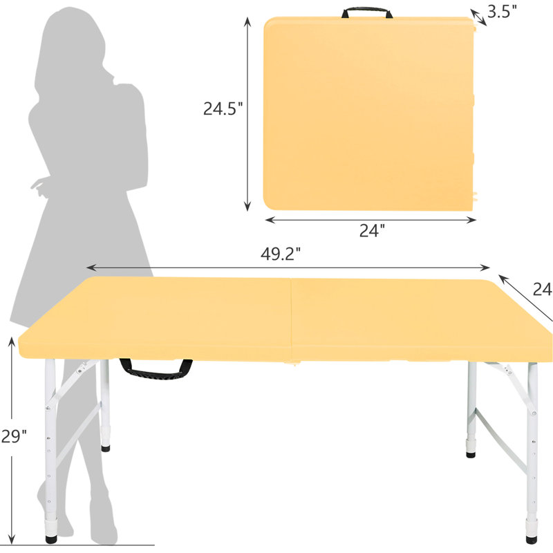 Table pliable jaune de 4 pi, fonction intérieure et extérieure, poids maximal de 135 kg, table pliante compacte à utiliser, design, capacité, plateau texturé