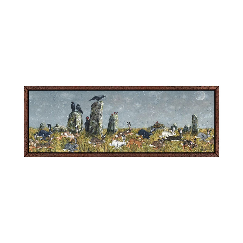 The Running Of The Hares by Maggie Vandewalle - Panoramic Painting on Canvas, Classic Brown Wood Framed