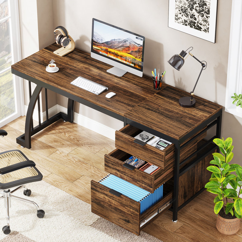 Bureau d'ordinateur à 3 tiroirs Syasia, Brun / noir