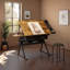 Bureau à hauteur réglable avec plateau inclinable, 2 tiroirs, tablette de rangement et tabouret