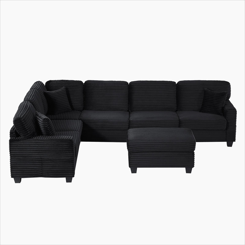 Sectional Sofa U-shaped Sectional 125.2" Upholstered L-shaped Sofa with a Movable Ottoman and Side Storage Pockets for Living Room, Black
