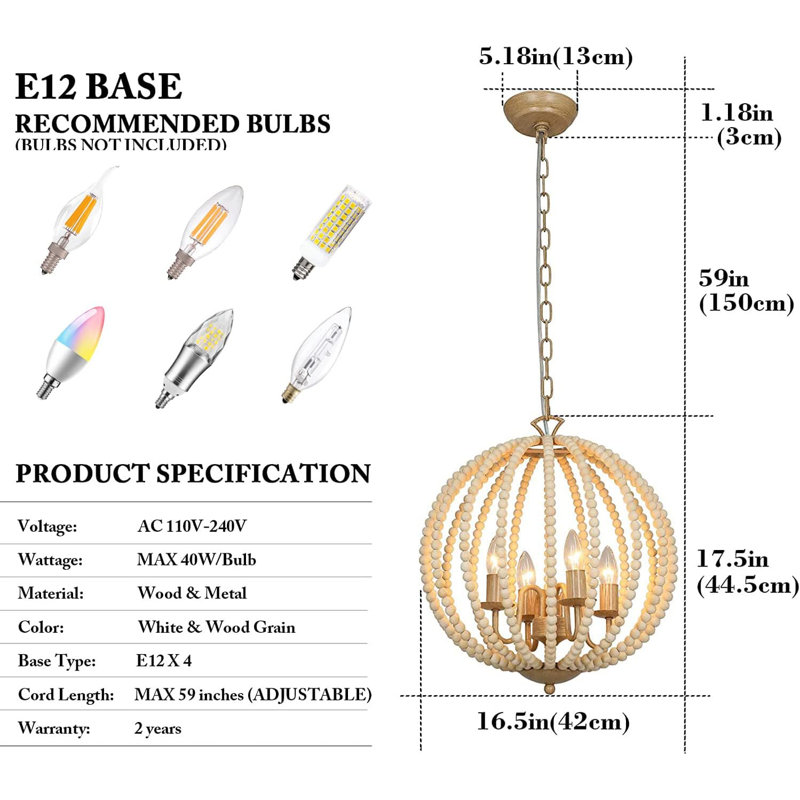 16.5" Boho Wood Beaded Chandelier