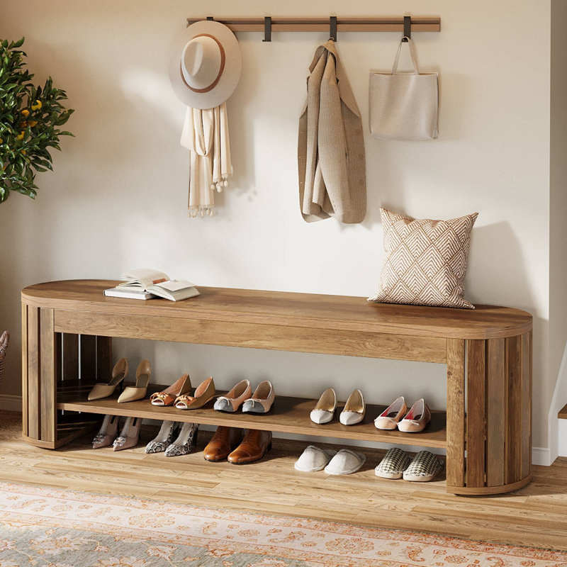 Banc de hall d'entrée en bois rustique avec rangement, banc à chaussures en forme d'arc pour le couloir, Brown