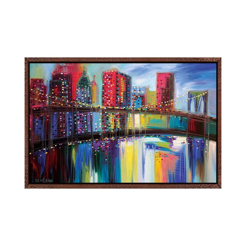 Brooklyn Bridge by Ekaterina Ermilkina - Print on Canvas, 101.6 cm H x 66.04 cm W, Classic Brown Wood Framed
