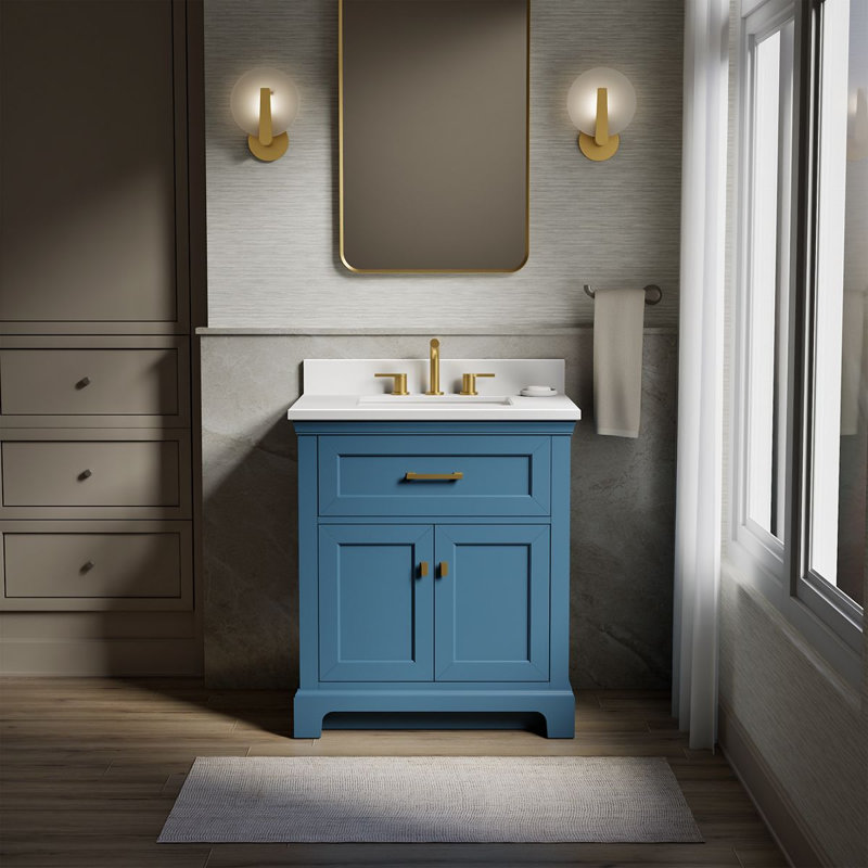 Charlemont 30 In. Bathroom Vanity Cabinet With Sink And Quartz Top, Tidal Blue, Brushed Brass, 30"
