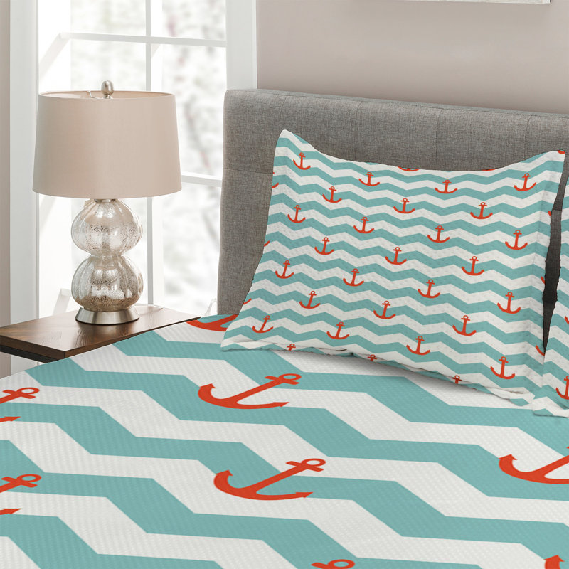 Anchor Coastal Polyester Chevron / Zig Zag Coverlet, King Bedspread + 2 Shams