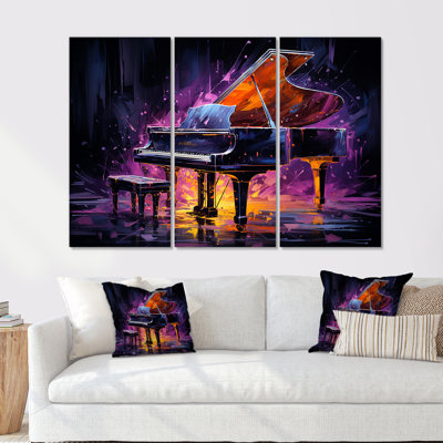 «Purple Piano Neon Nocturne», ensemble d'art mural sur toile