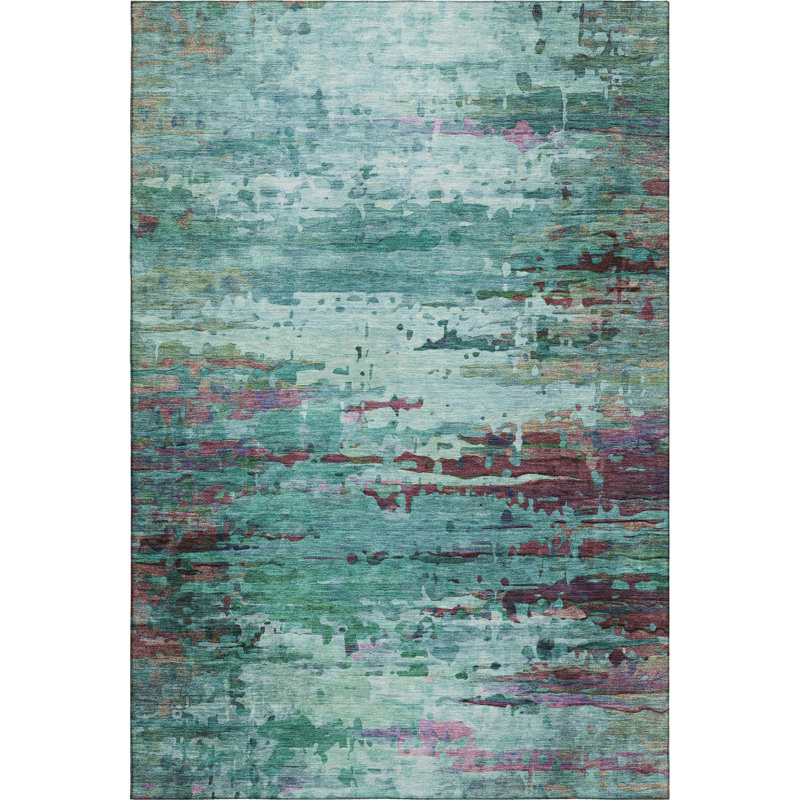 Premium Machine Washable Mayfield AMF2035 Abstract Rug, Teal, 3' x 5'