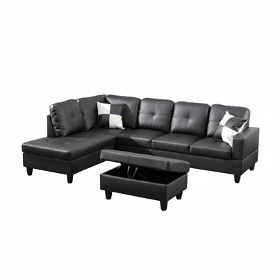 103.5" Sectional Couches For Living Room, Leather 4 Seat L Shaped Couch With Chaise, 3-Piece Modular Sofa With Storage Ottoman, Home Furniture Sets For Apartment Office, Black